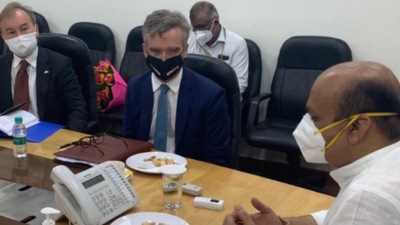 An image shared by British high commissioner Alex Ellis of his meeting with Karnataka CM Basavaraj Bommai. (@AlexWEllis) An image shared by British high commissioner Alex Ellis of his meeting with Karnataka CM Basavaraj Bommai. (@AlexWEllis)