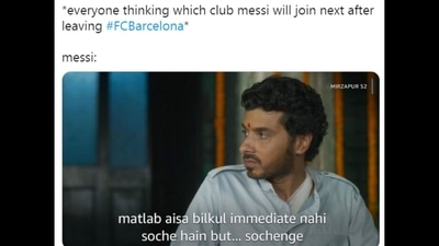 Amazon Prime India shared this meme on Lionel Messi leaving FC Barcelona. (Twitter/@PrimeVideoIN) Amazon Prime India shared this meme on Lionel Messi leaving FC Barcelona. (Twitter/@PrimeVideoIN)