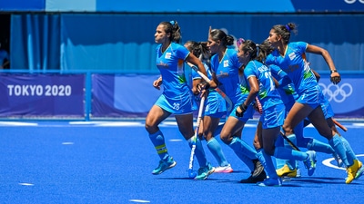 Indian players celebrate a goal against Britain during their women's field hockey bronze medal match. (PTI)
