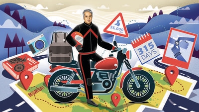 Aditya Raj Kapoor embarked on a world trip across 15 countries, all alone, riding in unfamiliar terrain and unpredictable situations, at the age of 61. (Illustration: Gajanan Nirphale) Aditya Raj Kapoor embarked on a world trip across 15 countries, all alone, riding in unfamiliar terrain and unpredictable situations, at the age of 61. (Illustration: Gajanan Nirphale)