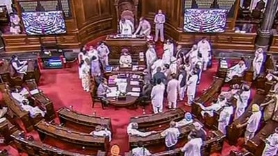 Opposition MPs shout slogans demanding a discussion on Pegasus Project report in Rajya Sabha. (PTI) Opposition MPs shout slogans demanding a discussion on Pegasus Project report in Rajya Sabha. (PTI)