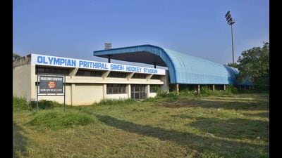 Wild vegetation around the stadium was chopped and bags filled with cement were removed from the PAU hockey stadium on Friday. (HT Photo) Wild vegetation around the stadium was chopped and bags filled with cement were removed from the PAU hockey stadium on Friday. (HT Photo)