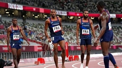 Runners from team France react after their heat of the men's 4x400-meter relay at the 2020 Summer Olympics, Friday, Aug. 6, 2021, in Tokyo. (AP Photo/Petr David Josek) (AP) Runners from team France react after their heat of the men's 4x400-meter relay at the 2020 Summer Olympics, Friday, Aug. 6, 2021, in Tokyo. (AP Photo/Petr David Josek) (AP)