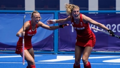 Britain's Hannah Martin, left, and Isabelle Petter, right, react after winning their women's field hockey bronze medal match against India at the 2020 Summer Olympics, Friday, Aug. 6, 2021, in Tokyo, Japan. Britain won 4-3. (AP Photo/John Minchillo) (AP) Britain's Hannah Martin, left, and Isabelle Petter, right, react after winning their women's field hockey bronze medal match against India at the 2020 Summer Olympics, Friday, Aug. 6, 2021, in Tokyo, Japan. Britain won 4-3. (AP Photo/John Minchillo) (AP)