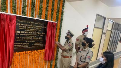 Punjab DGP Dinkar Gupta and SBS Nagar SSP Alka Meena during the foundation stone laying ceremony of a police station in the district. (HT Photo)