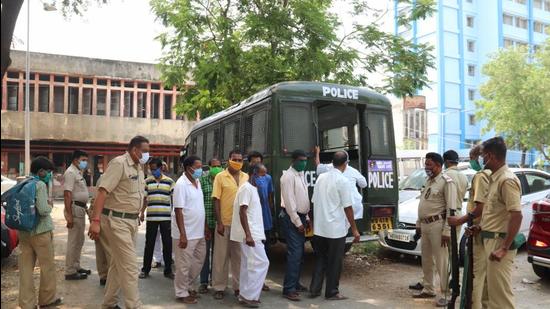 Prisoners board a vehicle after being vaccinated for Covid-19. (Representational image/PTI)