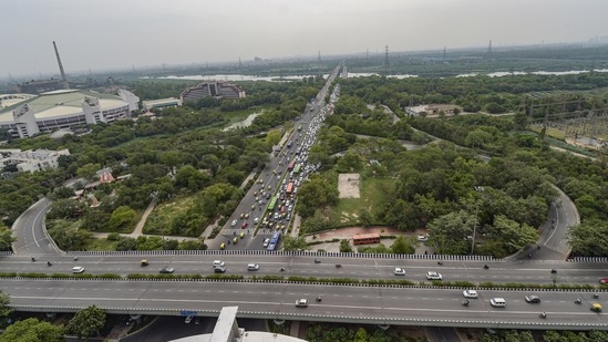 : An aerial view of traffic on the Vikas Marg - Ring Road crossing during morning rush-hour, after further ease in COVID-19 lockdown restrictions, in New Delhi. (PTI Photo)