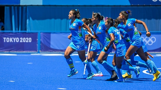 Indian players celebrate a goal against Britain during their women's field hockey bronze medal match.(PTI)