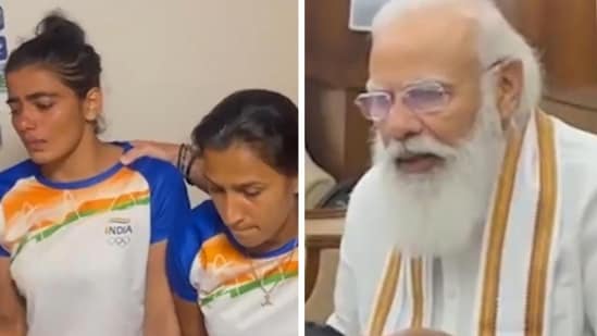 Olympics: PM Narendra Modi speaks to India women's hockey team after bronze medal match defeat- VIDEO(TWITTER/HT COLLAGE)
