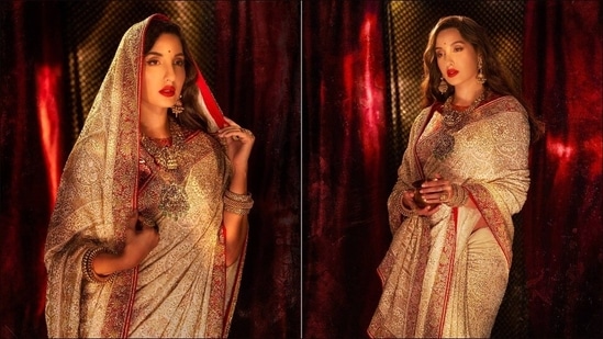 Nora Fatehi looks like the epitome of royalty in beige chikankari saree, bold red lips(Instagram/manekaharisinghani)