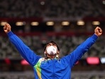 Tokyo 2020 Olympics - Athletics - Men's Javelin Throw - Medal Ceremony - Olympic Stadium, Tokyo, Japan - August 7, 2021. Gold medallist Neeraj Chopra of India celebrates on the podium