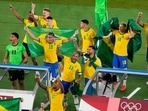 Yokohama: Players of Brazil celebrate after defeating Spain in the men's soccer final match at the 2020 Summer Olympics, Saturday, Aug. 7, 2021, in Yokohama, Japan.(AP) Yokohama: Players of Brazil celebrate after defeating Spain in the men's soccer final match at the 2020 Summer Olympics, Saturday, Aug. 7, 2021, in Yokohama, Japan.(AP)