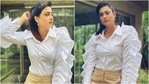 Shweta Tiwari in classic white blouse and beige pants shows how to wear statement sleeves(Instagram/@shweta.tiwari) Shweta Tiwari in classic white blouse and beige pants shows how to wear statement sleeves(Instagram/@shweta.tiwari)