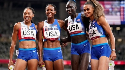 The United States team of Allyson Felix, Dalilah Muhammad, Athing Mu, and Sydney Mclaughlin, from left, celebrate winning the gold medal in the final of the women's 4 x 400-meter relay at the 2020 Summer Olympics, Saturday, Aug. 7, 2021, in Tokyo, Japan. (AP Photo/Charlie Riedel) (AP) The United States team of Allyson Felix, Dalilah Muhammad, Athing Mu, and Sydney Mclaughlin, from left, celebrate winning the gold medal in the final of the women's 4 x 400-meter relay at the 2020 Summer Olympics, Saturday, Aug. 7, 2021, in Tokyo, Japan. (AP Photo/Charlie Riedel) (AP)