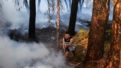 A man tries to extinguish a fire in Thrakomacedones on August 7. Wildfires raged uncontrolled through Greece and Turkey for yet another day Friday, forcing thousands to flee by land and sea, and killing a volunteer firefighter on the fringes of Athens in a huge forest blaze that threatened the Greek capital's most important national park.  (Photo/Michael Varaklas)