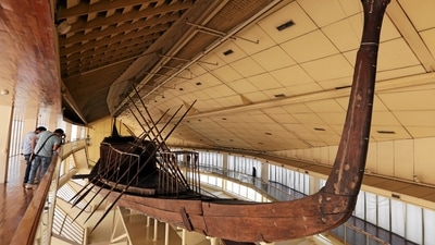 King Khufu's solar boat is displayed at a museum on the northern side of Khufu's Great Pyramid, in Giza, Egypt. (Reuters)