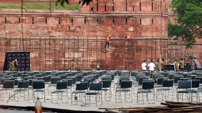 Preparations underway ahead of the Independence Day celebration in front of Red Fort, in New Delhi on August 6. (ANI)