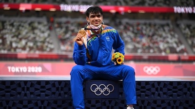 Athlete Neeraj Chopra brings Gold for India in Javeline throw final, at Tokyo Olympics 2020, in Tokyo on Saturday. (ANI Photo) Athlete Neeraj Chopra brings Gold for India in Javeline throw final, at Tokyo Olympics 2020, in Tokyo on Saturday. (ANI Photo)