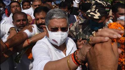 Janta Dal United (JDU) National President Rajiv Ranjan Singh alias Lalan Singh being welcomed by supporters on his arrival at the Jai Prakash Narayan Airport, in Patna. (PTI PHOTO.) Janta Dal United (JDU) National President Rajiv Ranjan Singh alias Lalan Singh being welcomed by supporters on his arrival at the Jai Prakash Narayan Airport, in Patna. (PTI PHOTO.)