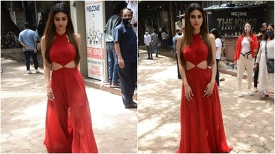 Mouni's look screams elegance, and it makes for perfect date-night attire with its minimal design and vibrant colour. What do you think? (Varinder Chawla) Mouni's look screams elegance, and it makes for perfect date-night attire with its minimal design and vibrant colour. What do you think? (Varinder Chawla)