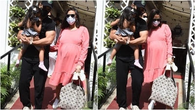 Neha chose a full sleeve knee-length dress for the lunch date. The ensemble features a scoop neckline, tiered ruffle hem and a fit and flare silhouette. (Varinder Chawla)