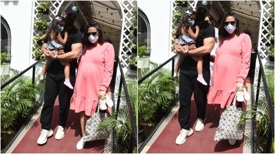 Angad Bedi accompanied his wife in an all-black ensemble, and their daughter, Mehr, looked adorable in a grey attire. What do you think of Neha's day-out look? (Varinder Chawla)