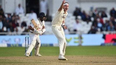 Cheteshwar Pujara survived a nervy period, especially off the bowling of Broad, and ended the day with consecutive fours. (Getty ) Cheteshwar Pujara survived a nervy period, especially off the bowling of Broad, and ended the day with consecutive fours. (Getty )