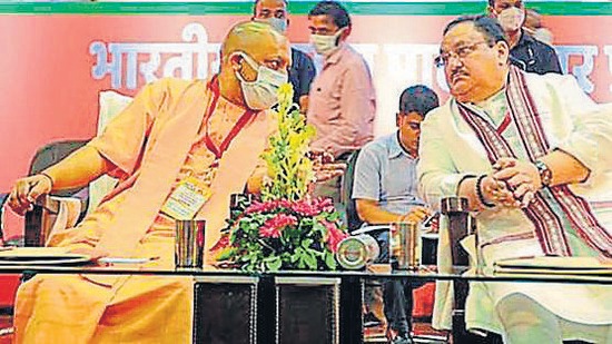 BJP president J P Nadda along with Uttar Pradesh chief minister Yogi Adityanath at a function in Lucknow on Saturday. (Deepak Gupta/HT Photo)