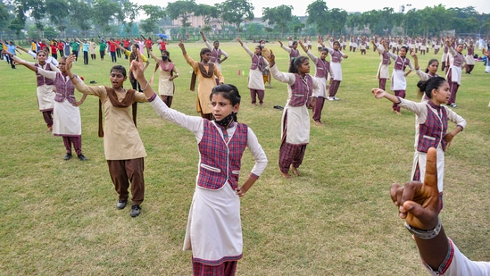 School girls practice for the 75th Independence Day function, in Patiala on August 7. (PTI)