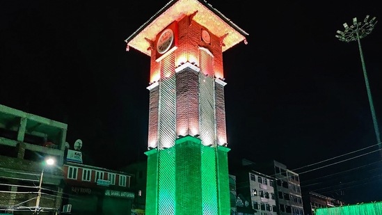 The Clock Tower (Ghanta Ghar) at Lal Chowk, Srinagar has been illuminated in colours of the Tricolour ahead of Independence Day. (PTI)