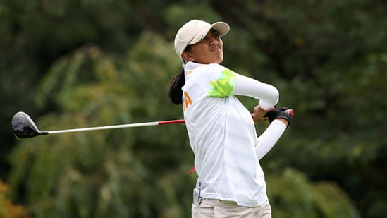 Aditi Ashok of India plays her shot from the eighth tee. (Getty Images) Aditi Ashok of India plays her shot from the eighth tee. (Getty Images)