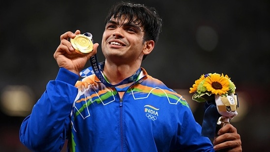 Gold medalist Neeraj Chopra of India stands on the podium during the medal ceremony. (Getty Images)