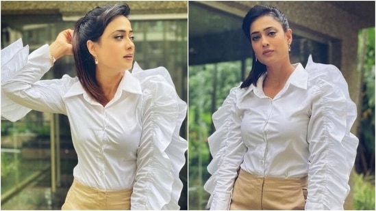 Shweta Tiwari in classic white blouse and beige pants shows how to wear statement sleeves(Instagram/@shweta.tiwari)
