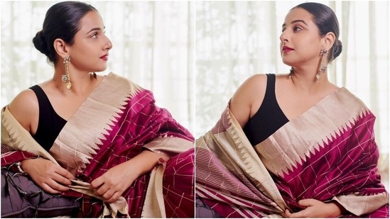 Vidya Balan paired her red and white polka dot sari with an interesting  sleeveless striped blouse