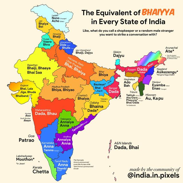How do you address a man you don’t really know? It’s Bhaiyya in Hindi, and this crowdsourced map shows the equivalent terms in other regions of the country. How do you address a man you don’t really know? It’s Bhaiyya in Hindi, and this crowdsourced map shows the equivalent terms in other regions of the country.