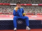 Tokyo 2020 Olympics- Gold medallist Neeraj Chopra of India reacts on the podium.