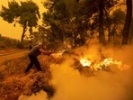 A man uses a tree branch to extinguish a wildfire burning in the village of Pefki, on the island of Evia, Greece.(Reuters)