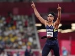 Neeraj Chopra reacts as he competes in the final of the men's javelin throw event at the 2020 Summer Olympics, in Tokyo.(PTI) Neeraj Chopra reacts as he competes in the final of the men's javelin throw event at the 2020 Summer Olympics, in Tokyo.(PTI)