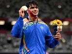 Gold medalist Neeraj Chopra of India stands on the podium during the medals ceremony. (Getty Images) Gold medalist Neeraj Chopra of India stands on the podium during the medals ceremony. (Getty Images)