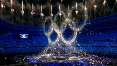 A display of luminous colours swirl together forms the Olympic Rings during the closing ceremony of the Tokyo Olympic 2020, in Tokyo on Sunday. (ANI Photo) 