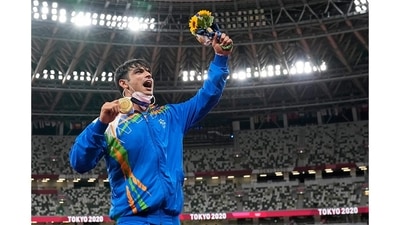 Neeraj Chopra during the medal ceremony for the men's javelin throw at the 2020 Summer Olympics, in Tokyo on August 7. This is India’s first track-and-field medal in the Olympics and Chopra became only the second Indian after Abhinav Bindra to win an individual gold in the Olympics. (AP / PTI) Neeraj Chopra during the medal ceremony for the men's javelin throw at the 2020 Summer Olympics, in Tokyo on August 7. This is India’s first track-and-field medal in the Olympics and Chopra became only the second Indian after Abhinav Bindra to win an individual gold in the Olympics. (AP / PTI)