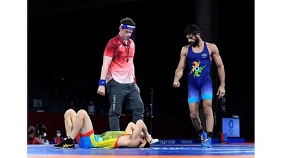 Ravi Kumar reacts after winning against Nurislam Sanayev of Kazakhstan during Tokyo 2020 Olympics Freestyle men's 57kg Wrestling Semifinal at Makuhari Messe Hall A, in Chiba on August 4. The 23-year-grappler from Nahri village of Sonepat district in Haryana stormed to the final of the men's 57kg freestyle event. Although he fetched a silver, his immense strength and stamina along with technical prowess impressed one and all. (Piroschka Van De Wouw / REUTERS) Ravi Kumar reacts after winning against Nurislam Sanayev of Kazakhstan during Tokyo 2020 Olympics Freestyle men's 57kg Wrestling Semifinal at Makuhari Messe Hall A, in Chiba on August 4. The 23-year-grappler from Nahri village of Sonepat district in Haryana stormed to the final of the men's 57kg freestyle event. Although he fetched a silver, his immense strength and stamina along with technical prowess impressed one and all. (Piroschka Van De Wouw / REUTERS)