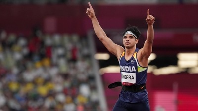 Neeraj Chopra reacts as he competes in the final of the men's javelin throw event at the 2020 Summer Olympics, in Tokyo. (PTI) Neeraj Chopra reacts as he competes in the final of the men's javelin throw event at the 2020 Summer Olympics, in Tokyo. (PTI)