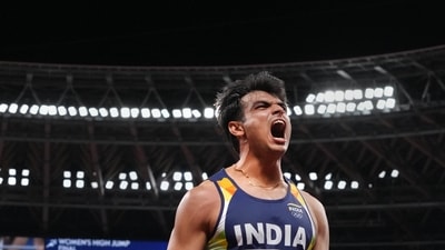 Neeraj Chopra reacts as he competes in the final of the men's javelin throw event at the 2020 Summer Olympics, in Tokyo. (PTI Photo) Neeraj Chopra reacts as he competes in the final of the men's javelin throw event at the 2020 Summer Olympics, in Tokyo. (PTI Photo)