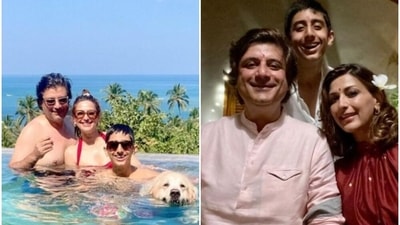 Goldie Behl with wife Sonali Bendre and son Ranveer. Goldie Behl with wife Sonali Bendre and son Ranveer.