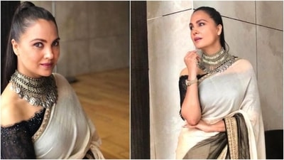 BellBottom star Lara Dutta teams silk saree with a unique sequinned black blouse (Instagram/@larabhpathi) BellBottom star Lara Dutta teams silk saree with a unique sequinned black blouse (Instagram/@larabhpathi)