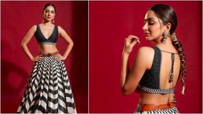She kept her look simple yet stylish by accessorising it with blue jhumkas, a belt and a hair jewel. (Instagram/@kiaraaliaadvani)