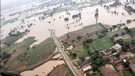 An aerial view of the flood-affected area, Shivpuri, August 8, 2021 (ANI)
