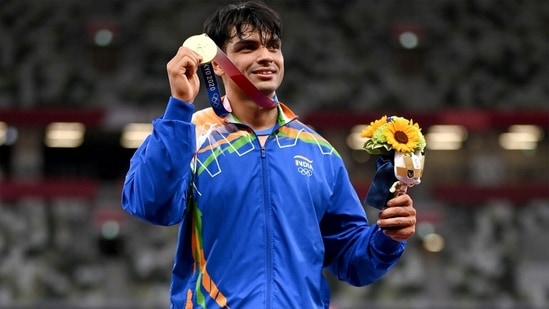Gold medalist Neeraj Chopra of India stands on the podium during the medals ceremony. (Getty Images)