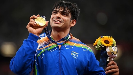 Gold medalist Neeraj Chopra of India stands on the podium during the medal ceremony.(Getty Images)